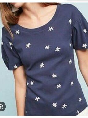 ANTHRO | Postmark shirt white jasmine floral Flutter Sleeves Navy Sz XL